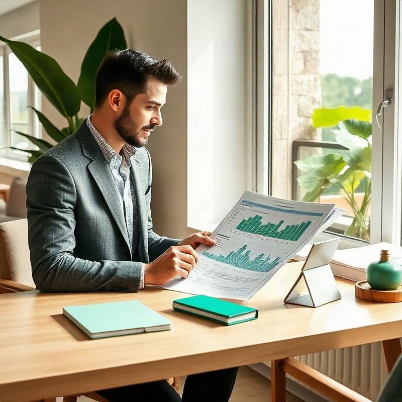 Consultora imobiliária analisando gráficos de mercado em escritório claro